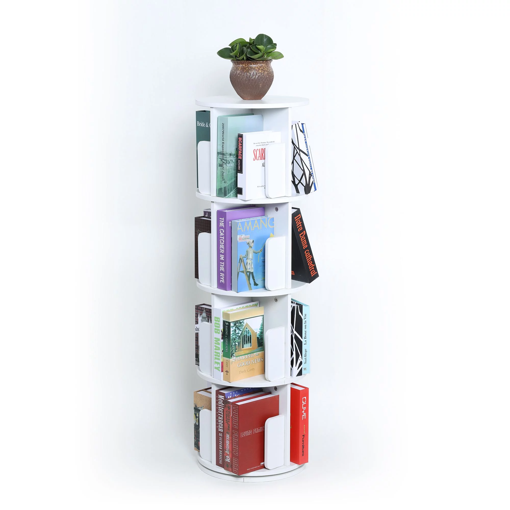 360 Degrees Rotating Bookshelf 4-Tier Multi-Functional Bookshelf Organizer Stackable Bookcase for Office and Living Room, White - Curated Treasures Market