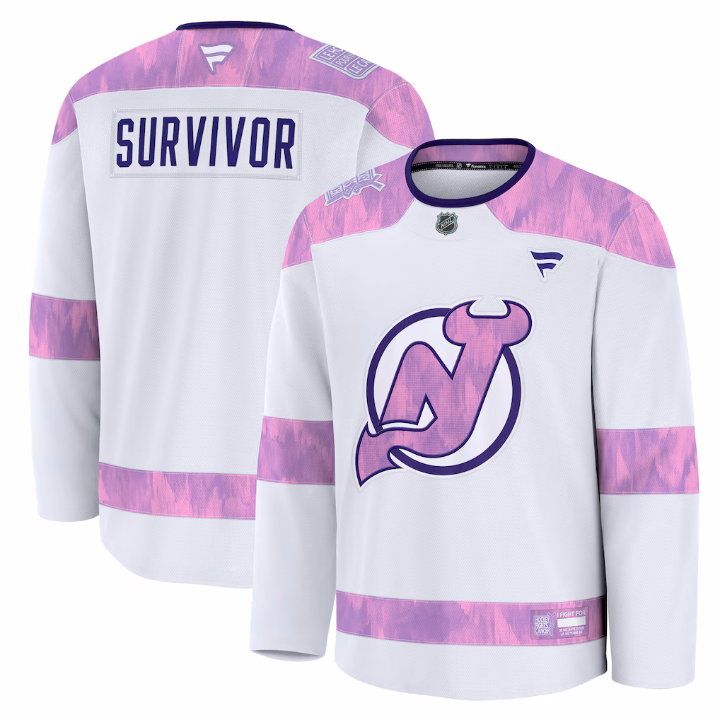Men's New Jersey Devils Fanatics White Hockey Fights Cancer Survivor Practice Jersey
