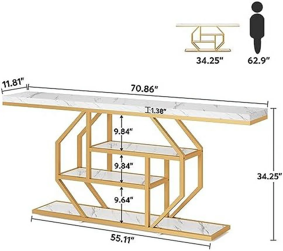 WTYNKAE 70.9 inch Extra Long Console Table  Modern Gold Sofa Table Behind Couch with   4 Tier Entryway Accent Table for Living Room  Hallway  Entrance  Faux Marble White - Curated Treasures Market