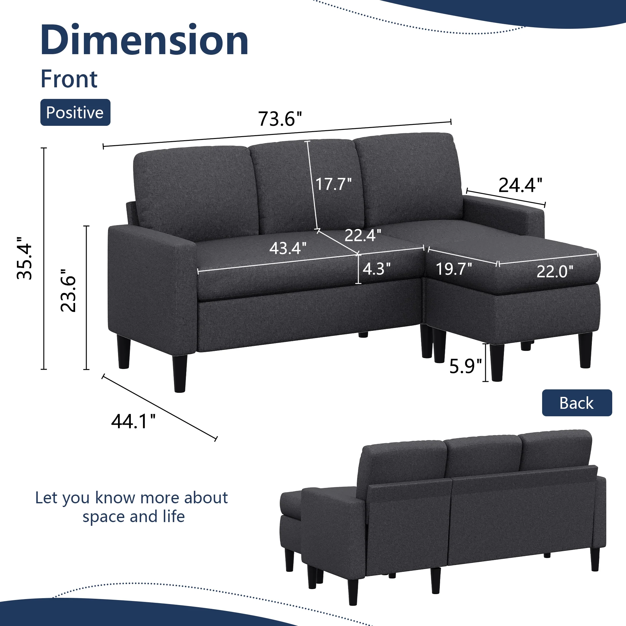 Walsunny Convertible Sectional Sofa Couch,Modern Linen Fabric L-Shaped Couch 3-Seat Sofa with Reversible Chaise for Small Space(Grayish Black) - Curated Treasures Market