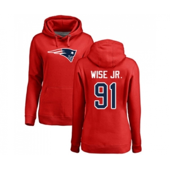 Football Women's New England Patriots #91 Deatrich Wise Jr Red Name & Number Logo Pullover Hoodie