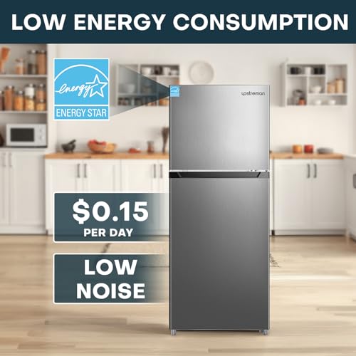 Upstreman 7.7 Cu.Ft. Refrigerator with Freezer, Double Door Refrigerator, Adjustable Thermostat, Large Capacity, Reversible Door Swing, Refrigerator for Apartment, Office, Dorm, Black（BD75）