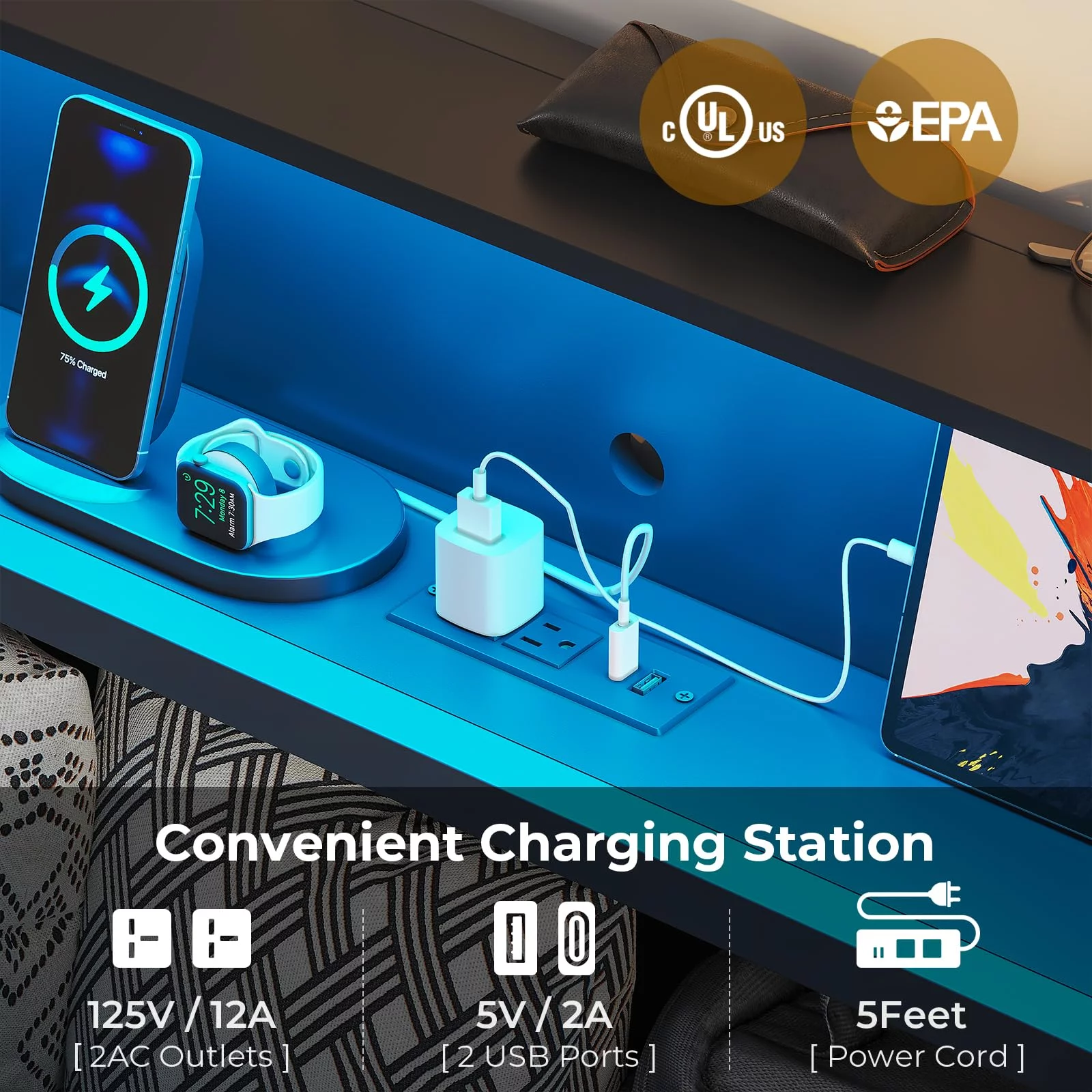 Afuhokles Full Bed Frame with Charging Station, Headboard Storage and 2 Drawers LED Lights, Dark Gray - Curated Treasures Market