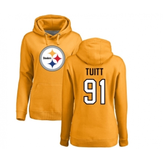 Football Women's Pittsburgh Steelers #91 Stephon Tuitt Gold Name & Number Logo Pullover Hoodie
