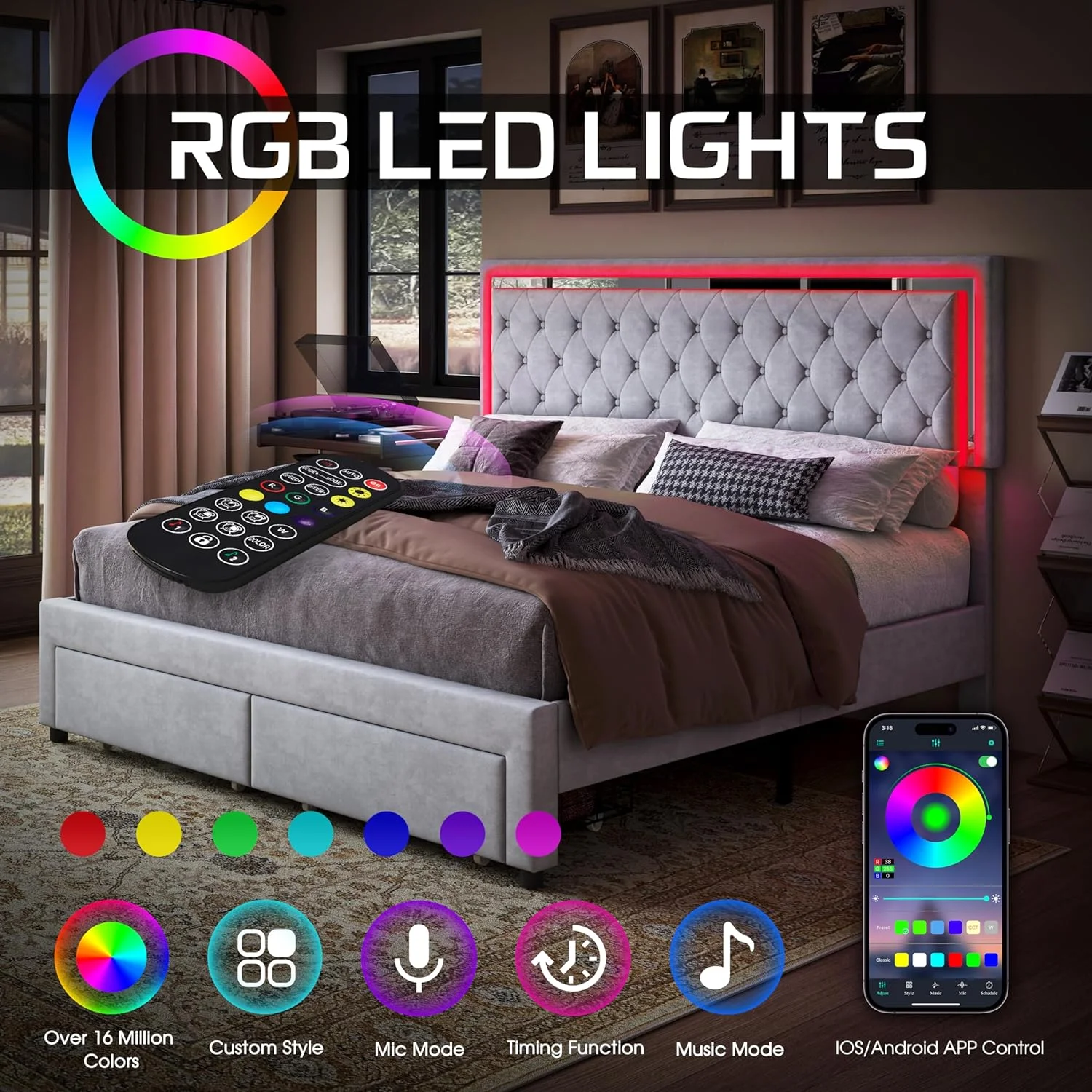 Jocisland Queen Size Bed Frame with LED Lights&Storage Drawers,Velvet Upholstered Platform Bed,No Box Spring Needed,Cream