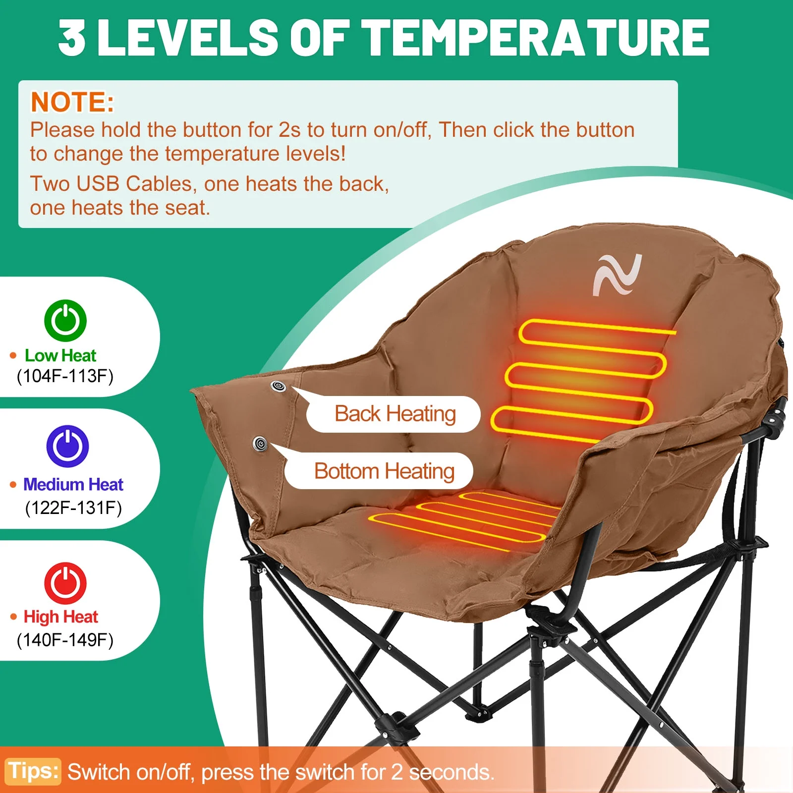Slsy Oversized Heated Camping Chair, Padded Camp Chair with 3 Heat Levels, Portable Folding Heated Chair Round Moon Saucer Folding Lawn Chair Outdoor Chair - Curated Treasures Market