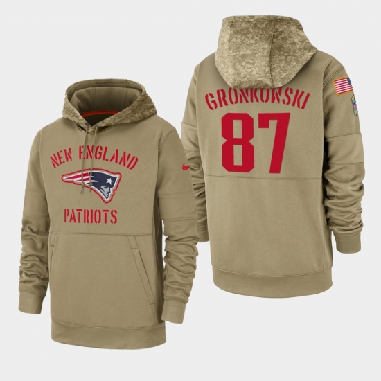 Men's New England Patriots #87 Rob Gronkowski 2019 Salute to Service Sideline Therma Pullover Hoodie - Tan