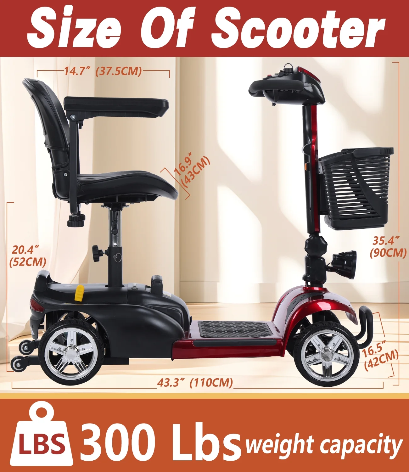 EazinGo 4 Wheel Mobility Scooter, Luxury Travel Scooter for Adults, Elderly Support 260Lbs