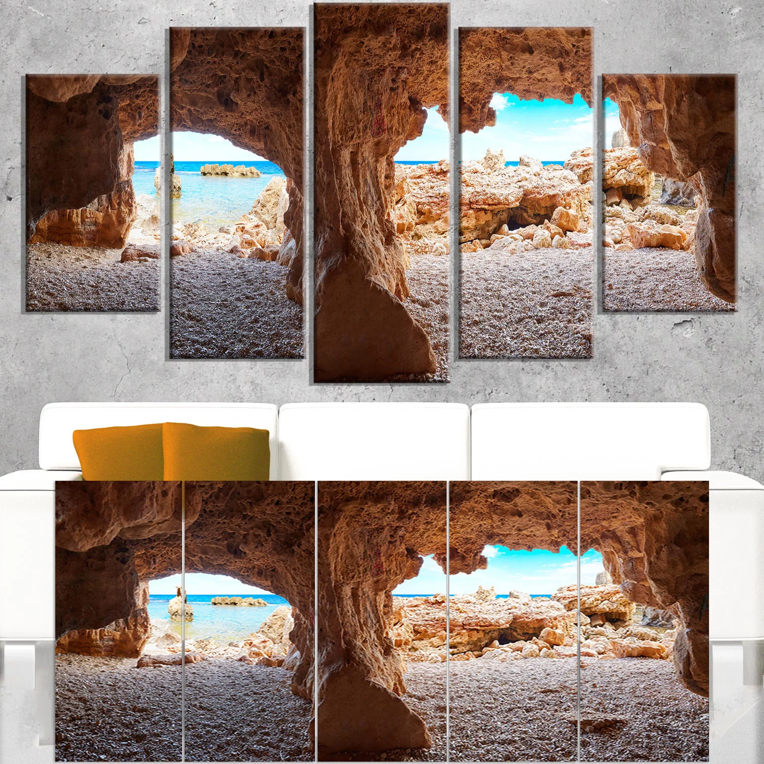 DESIGN ART Denia Las rotas Beach Caves - Landscape Artwork Print on Canvas - Blue 60 in. wide x 32 in. high - 5 Panels Diamond Shape - Curated Treasures Market