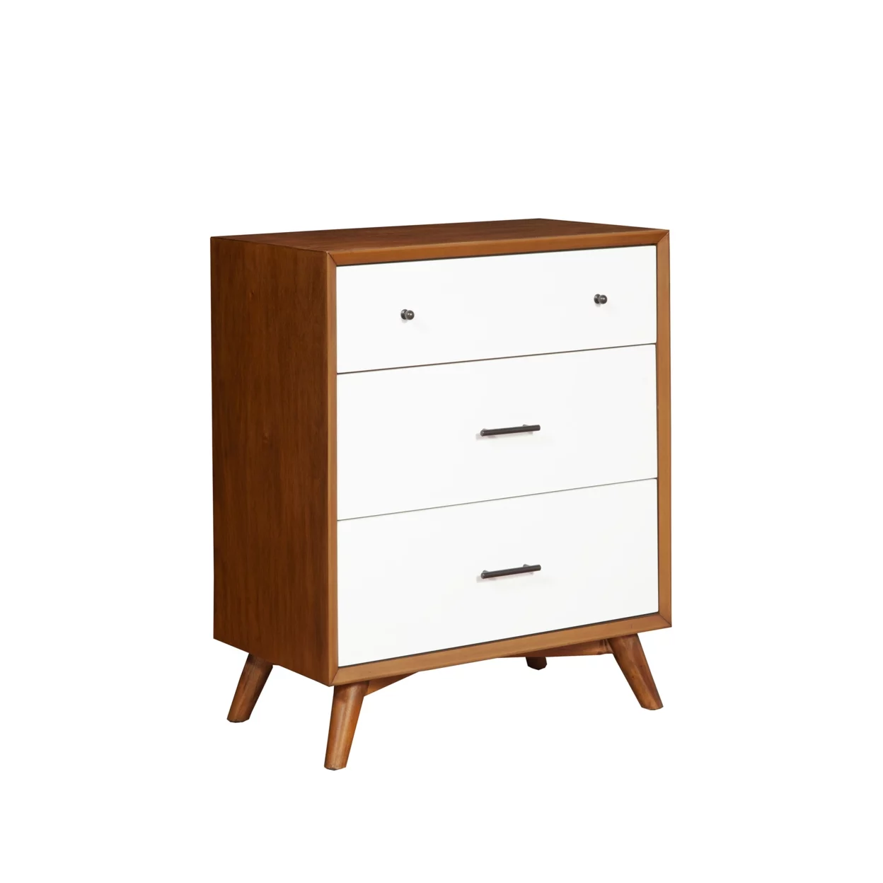 Modern Style Wooden Chest With Three Drawers and Flared Legs Brown and White- Saltoro Sherpi