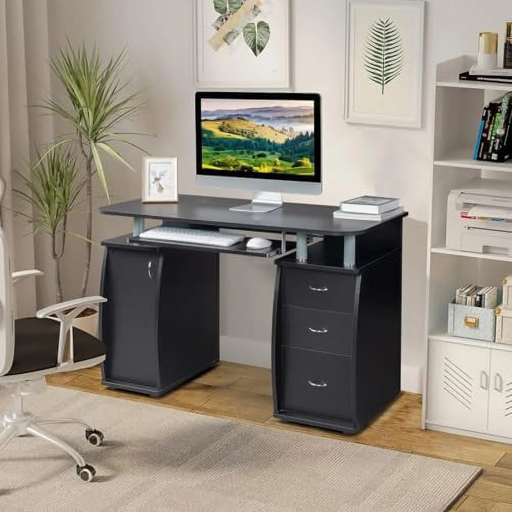 YPDCHB Computer Desk with Drawers &  Cabinet  Small Office Desk PC Laptop Workstation for Home  Studio  Office  Apartment  Black - Curated Treasures Market