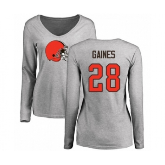 Football Women's Cleveland Browns #28 Phillip Gaines Ash Name & Number Logo Long Sleeve T-Shirt
