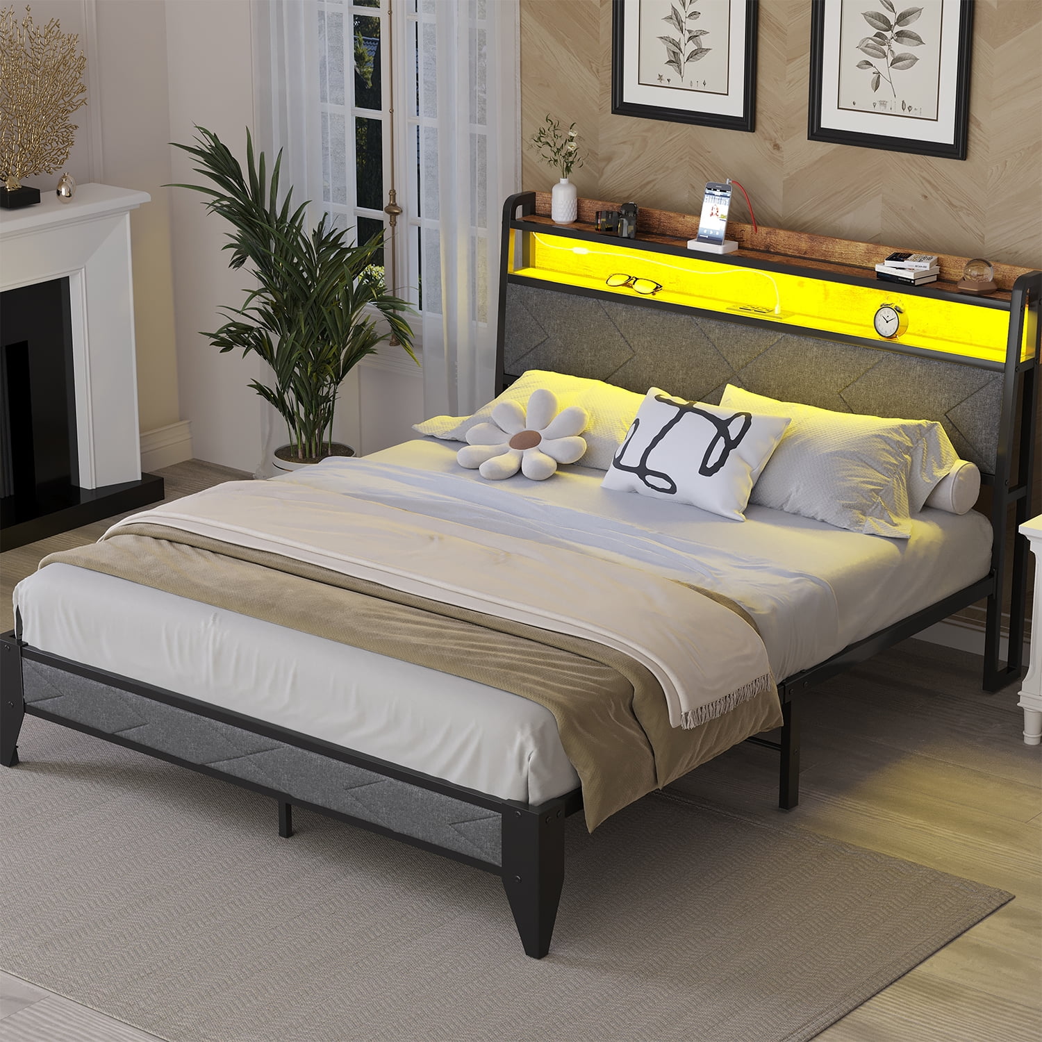 Meteorleg Twin Size Bed Frame with Storage Headboard & Charging Station,Platform Metal Bed Frame with RGB Lights,Grey