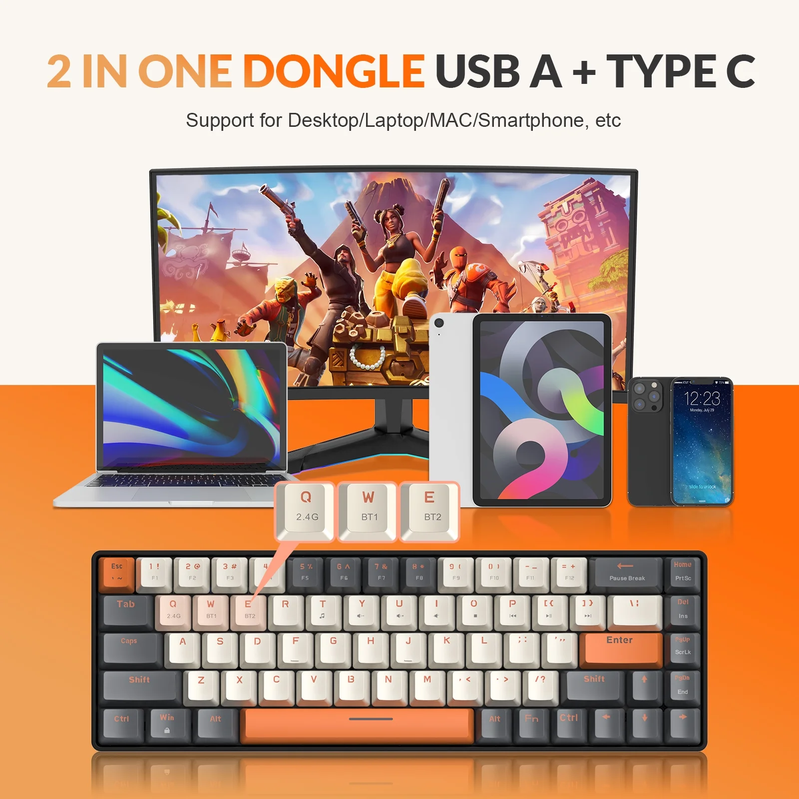 K68 60% Wireless Mechanical Keyboard, Bluetooth 5.0/2.4GHz 68 Keys Hot Swappable Red Switch for PC - Curated Treasures Market