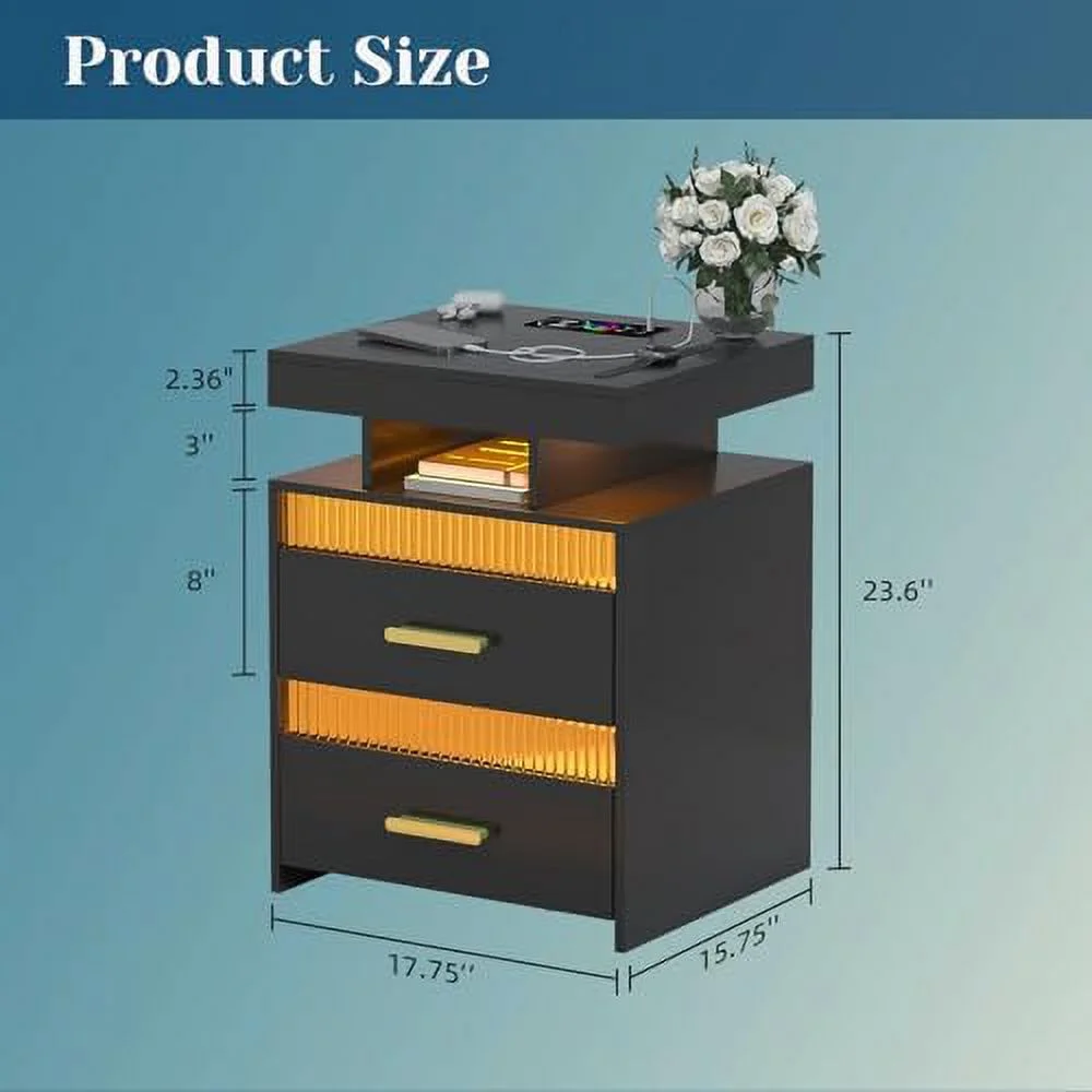 GEROBOOM LED Nightstand with Charging Station  Modern End Table with 2 Drawers  Bedside Table with with Human Sensor 24 Colors Lights for Bedroom (Black  ) - Curated Treasures Market