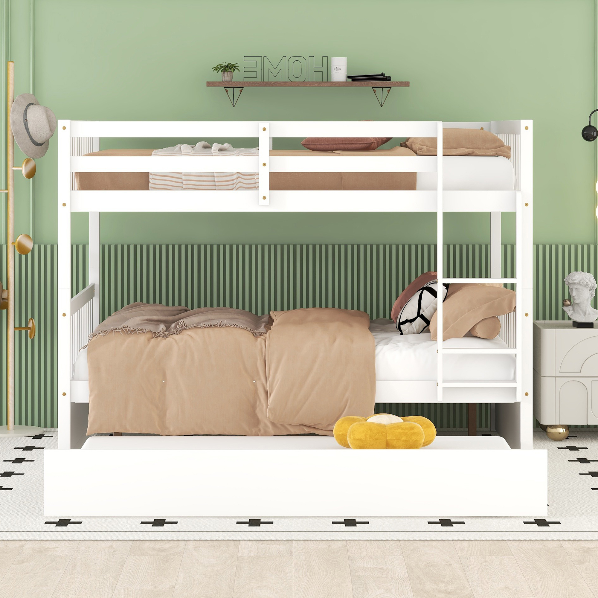 Bellemave Full Over Full Bunk Bed with Trundle,Wooden Trundle Bed Frame with Ladder,Convertible to 2 Platform Beds for Kids Teens Adults(White) - Curated Treasures Market