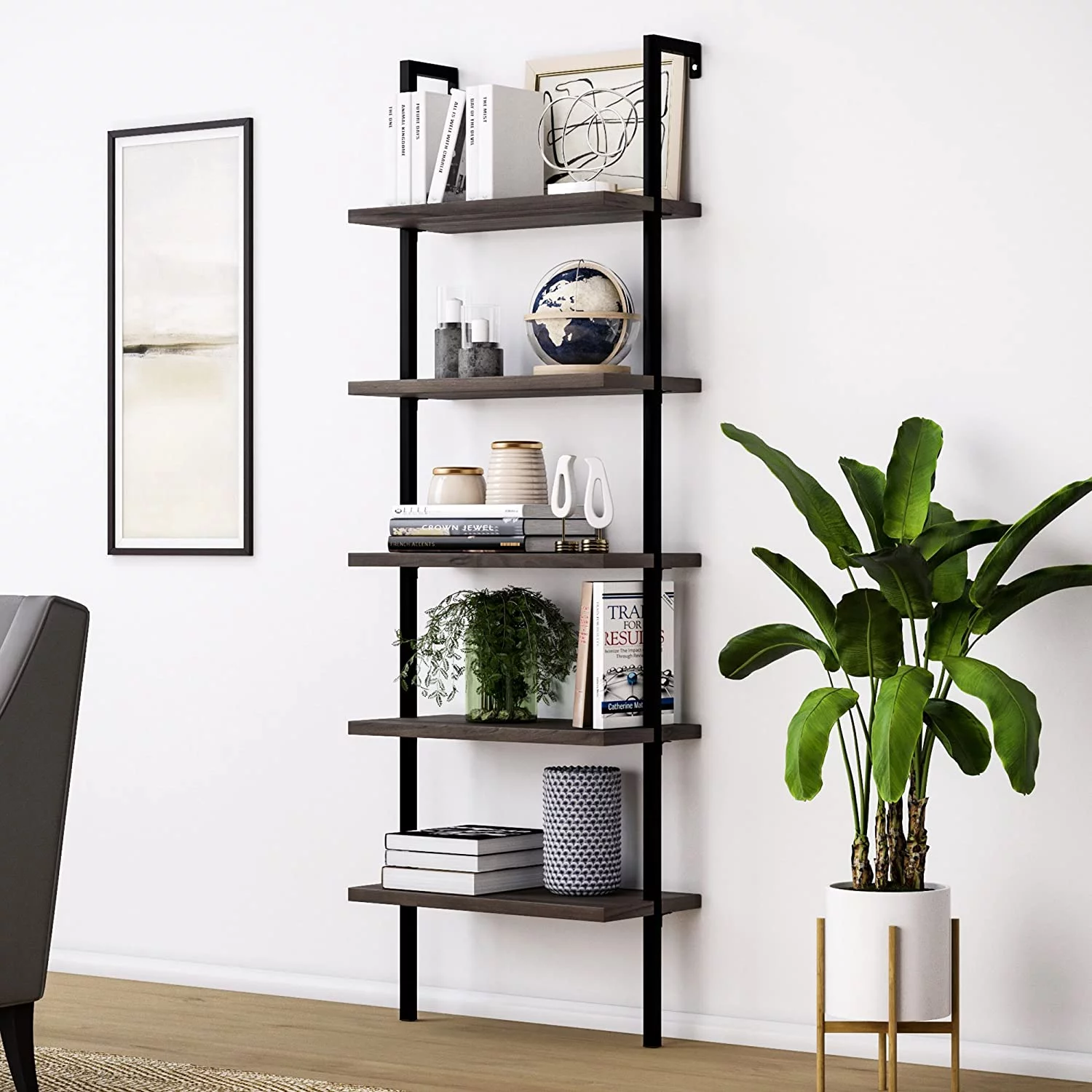 5-Shelf Wood Ladder Bookcase with Metal Frame, Industrial 5-Tier Modern Ladder Shelf Wood Shelves,Dark Walnut