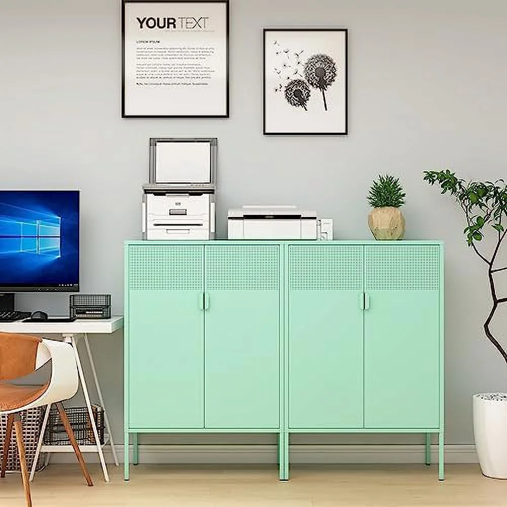 HBBOOMLIFE Metal Locker  Cabinet with Mesh Door & Adjustable Shelves Metal Sideboard Bathroom  Cabinet Metal Dresser Steel Cabinet for Home Office Kitchen (Mint Green) - Curated Treasures Market