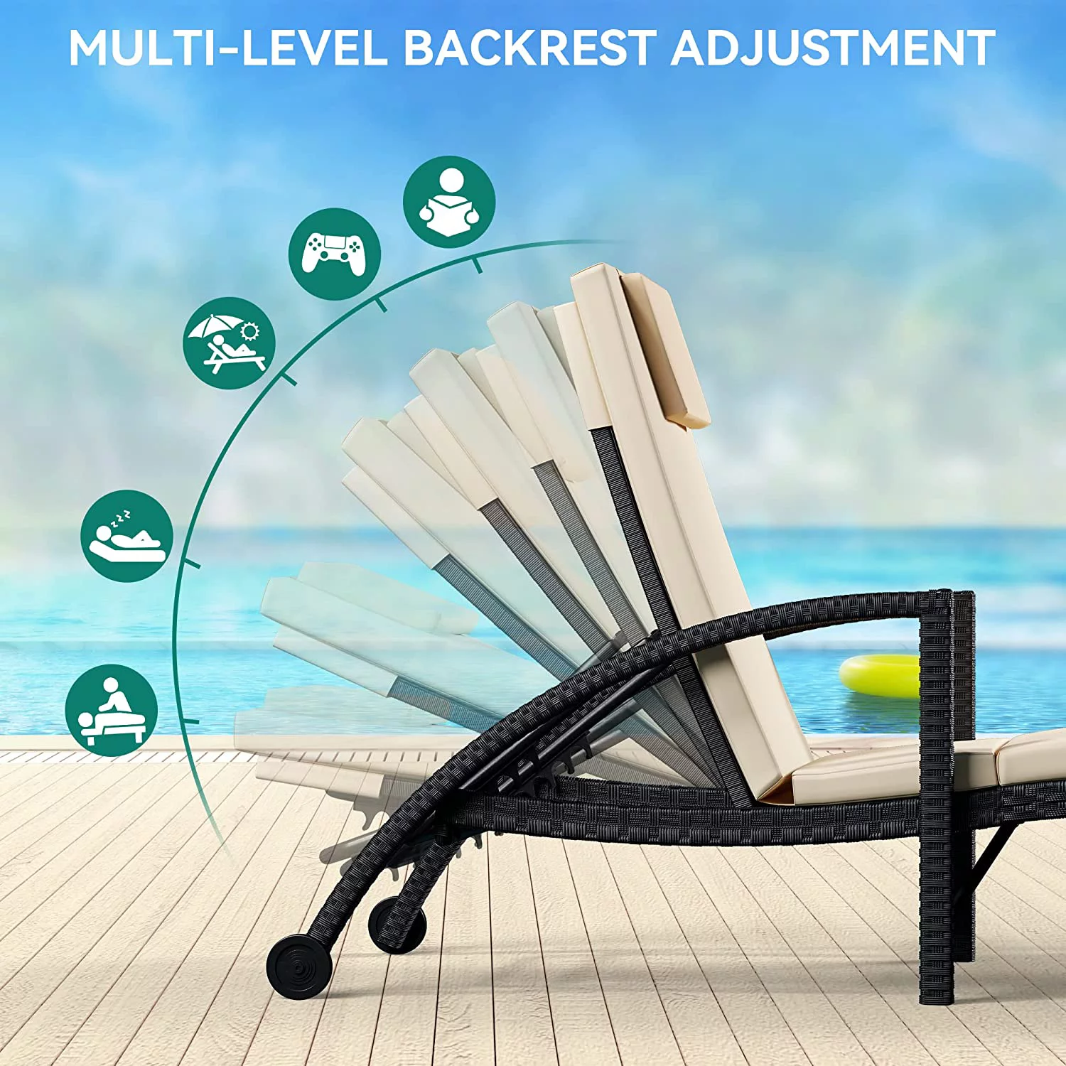 Dextrus Outdoor Chaise Lounge Chairs, PE Rattan Wicker Patio Pool Loungers with Adjustable Backrest, Arm, Cushion, Pillow and Wheels for Poolside Backyard Porch Garden Beach (1, Black) - Curated Treasures Market