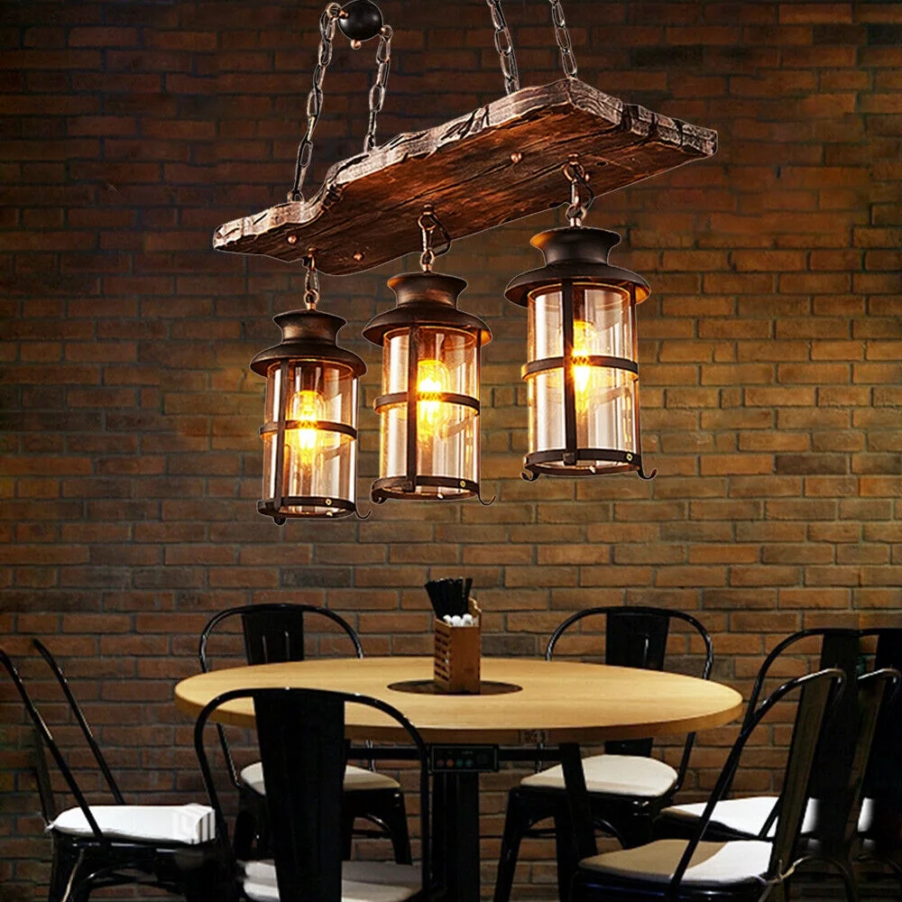 Anqidi 3 Heads Rustic Wood Hanging Chandelier Industrial Ceiling Light Farmhouse Pendant Lamp Fixture 110V