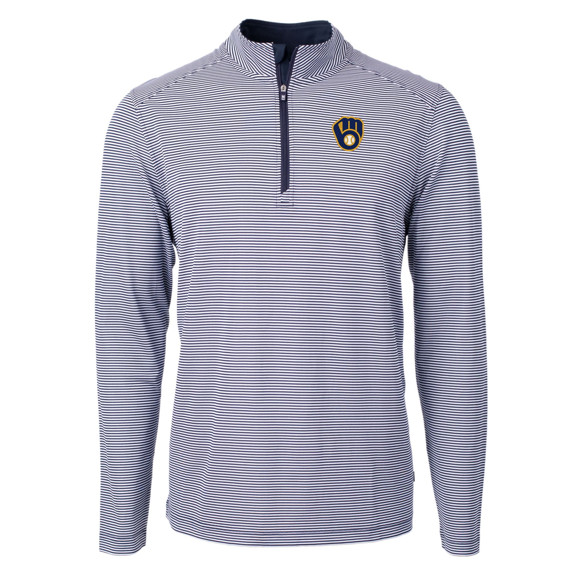 Men's Cutter & Buck Navy/White Milwaukee Brewers Virtue Eco Pique Micro Stripe Big & Tall Recycled Quarter-Zip Pullover - Curated Treasures Market
