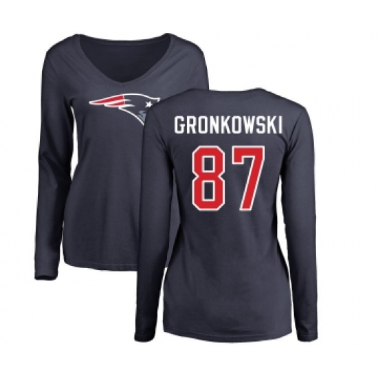 Football Women's New England Patriots #87 Rob Gronkowski Navy Blue Name & Number Logo Slim Fit Long Sleeve T-Shirt