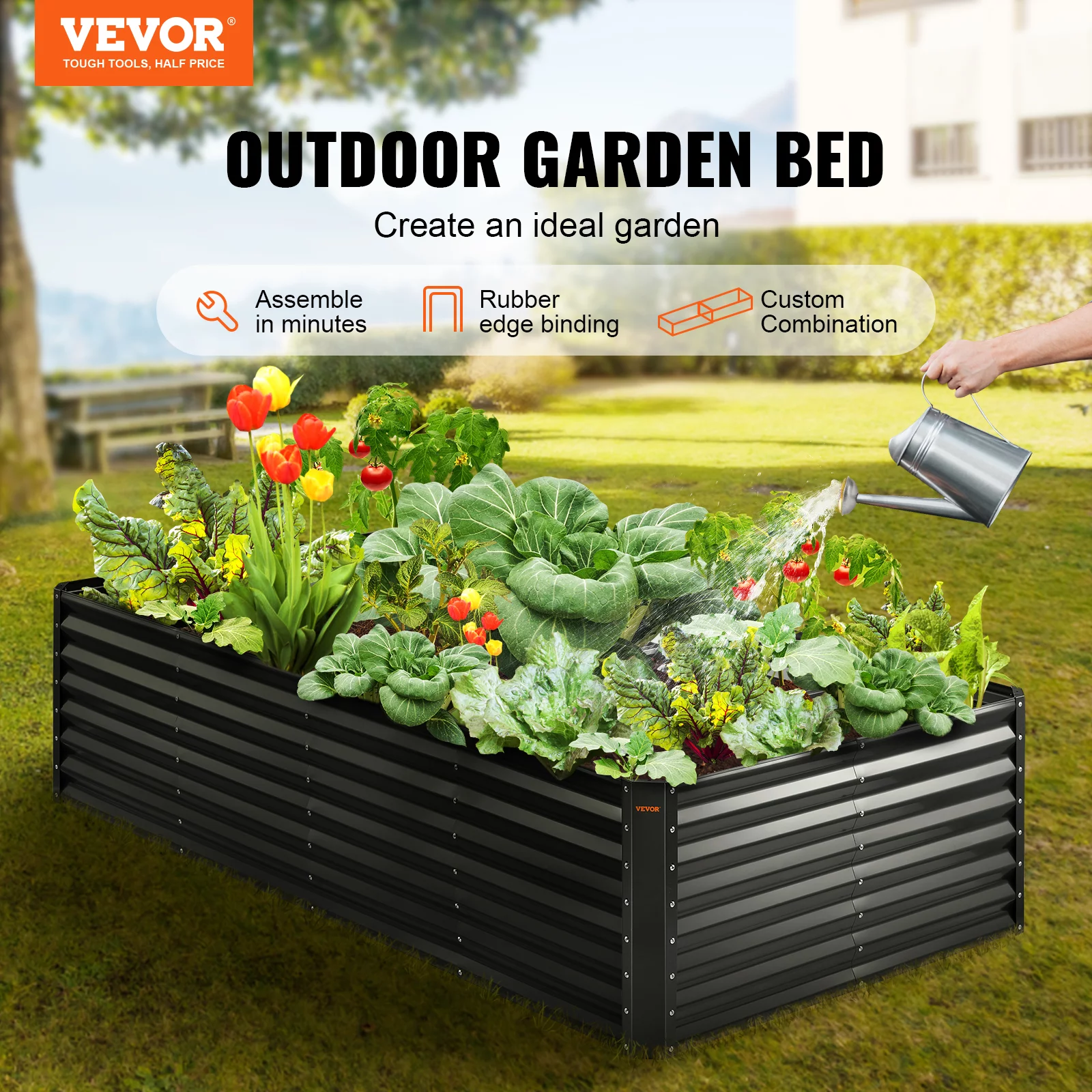 BENTISM Galvanized Raised Garden Bed, 8x4x2 FT Large Metal Raised Planter Box Garden Beds Outdoor for Vegetables Flowers and Herbs with Open Bottom and Planting Tools, Dark Grey - Curated Treasures Market