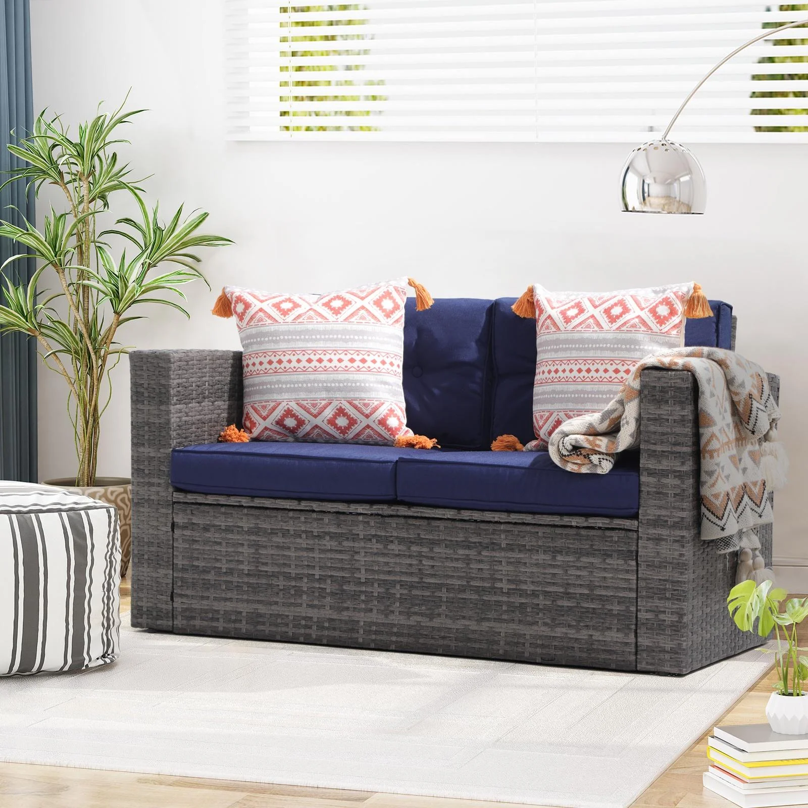 JOIVI Patio Outdoor Wicker Loveseat Sofa, Patio Furniture Rattan 2-seat Couch with Cushions for Outside Balcony, Porch, Deck, Garden, Navy Blue - Curated Treasures Market