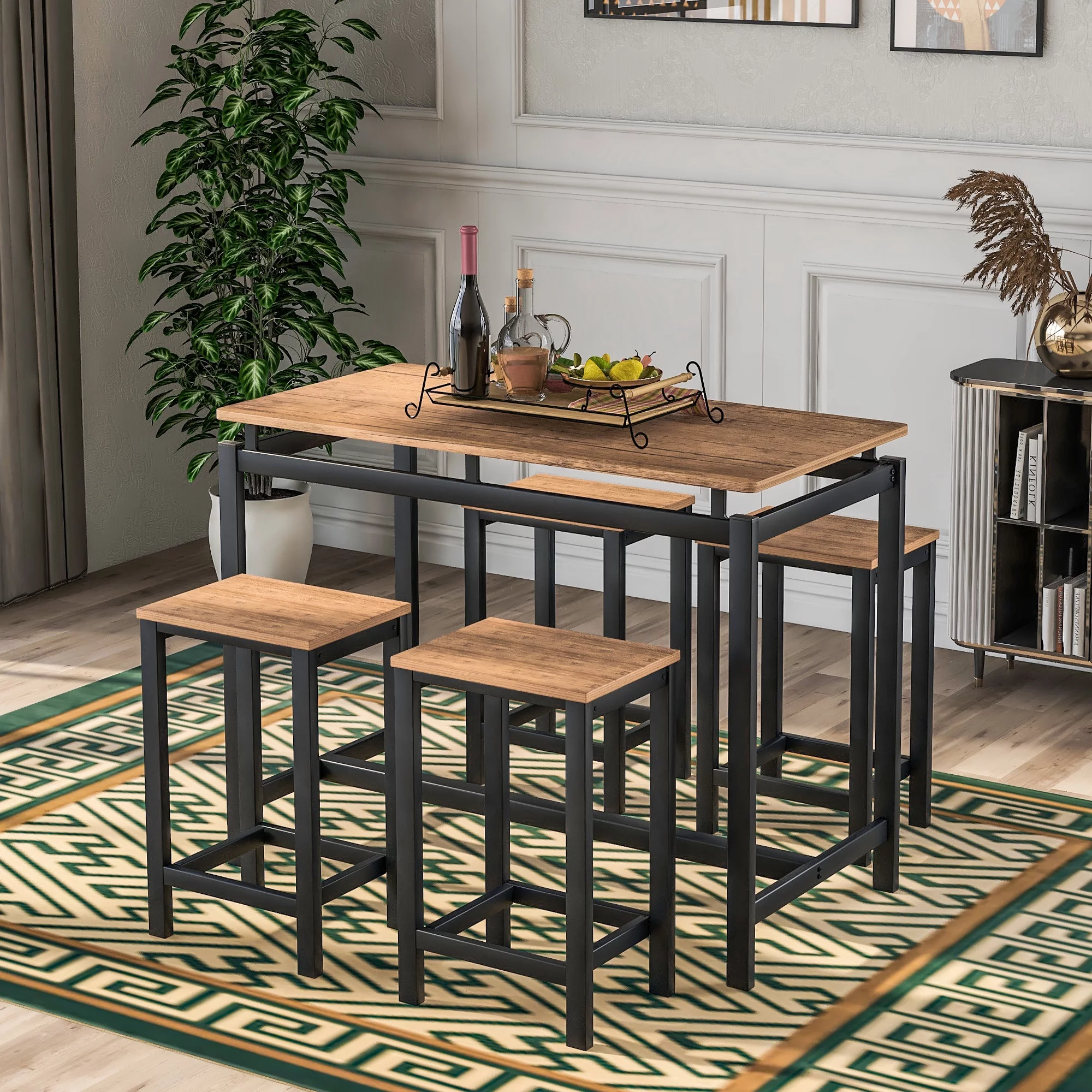 Euroco 5-Piece Dining Set Wood and Metal Pub Table with 4 Bar Stools, Brown - Curated Treasures Market