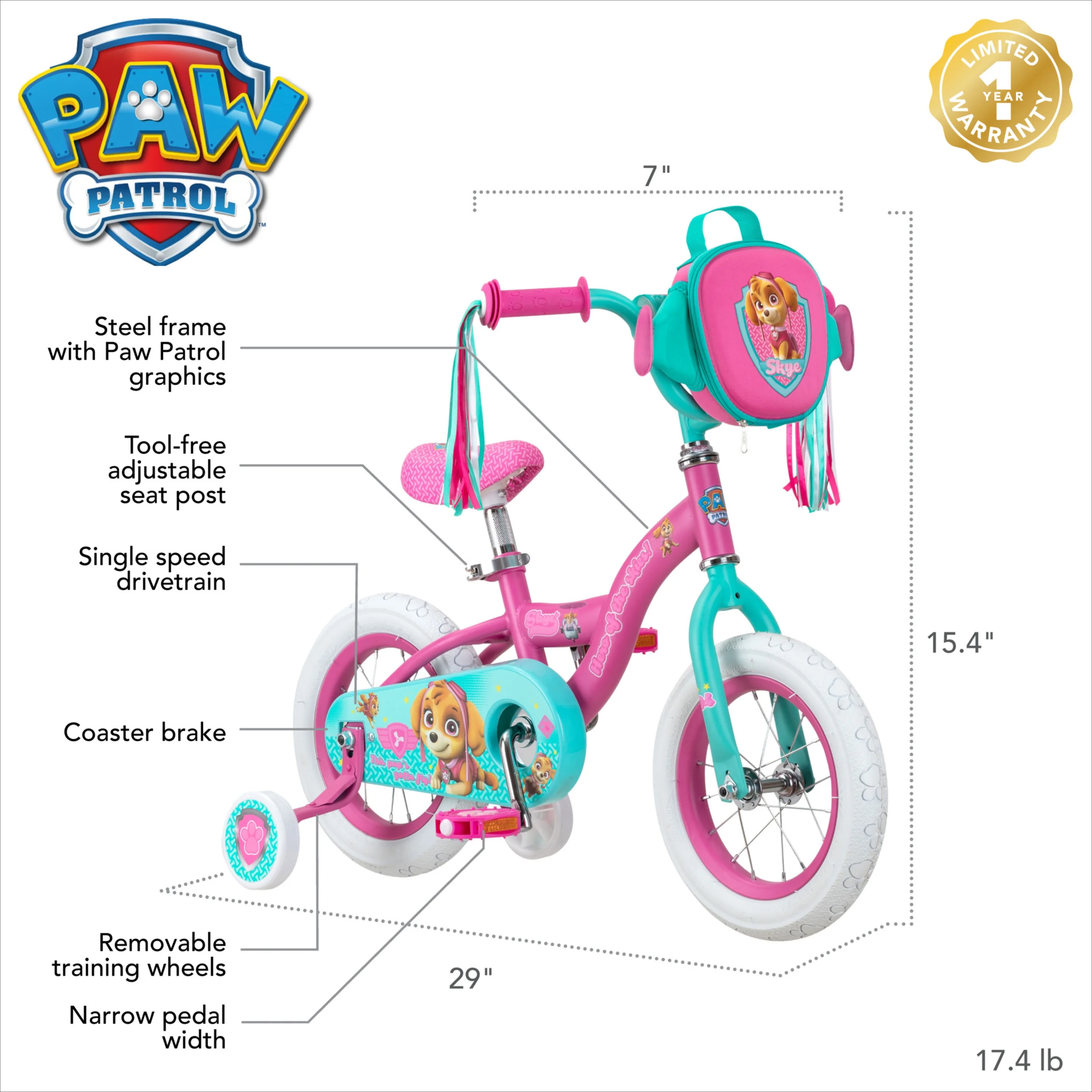 Paw Patrol Skye Sidewalk Bike, 12 In. Wheels, Ages 2 to 4, Pink