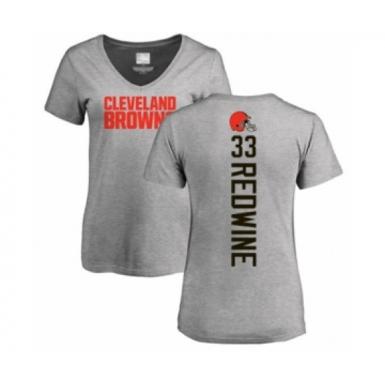 Football Women's Cleveland Browns #33 Sheldrick Redwine Ash Backer V-Neck T-Shirt