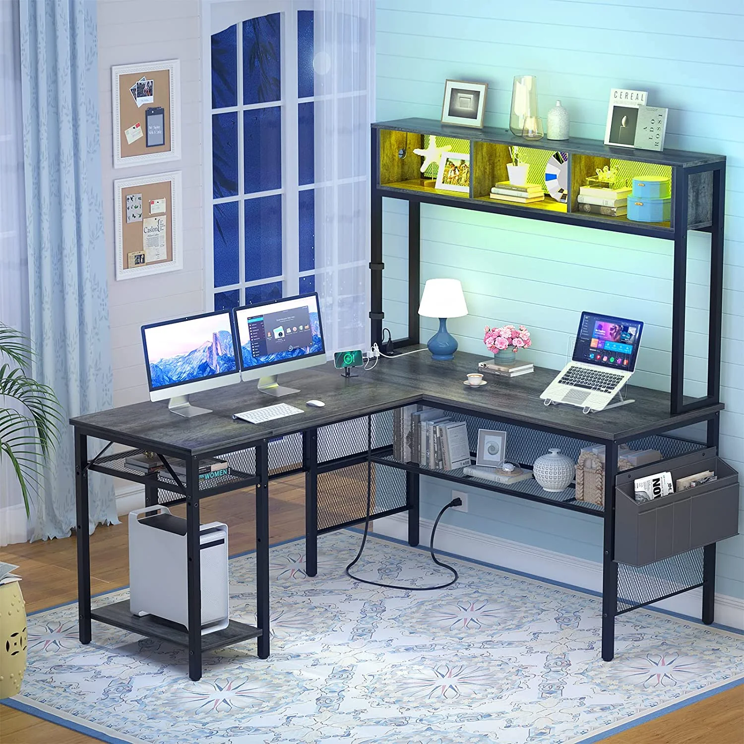 Homieasy L Shaped Desk with Power Outlets and USB Ports, 55'' Reversible L-Shaped Gaming Desk with LED Strip and Storage Shelves, Industrial Corner Computer Desk with Hutch for Home Office, Black Oak - Curated Treasures Market