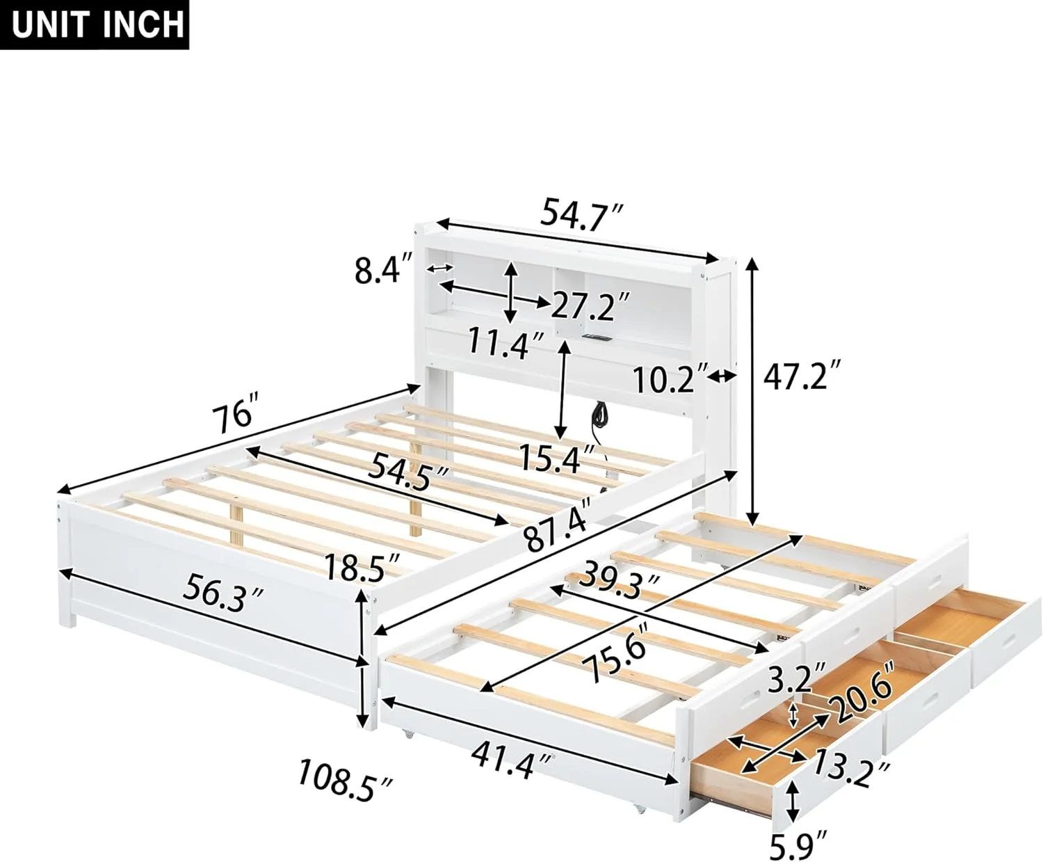 Full Size Platform Bed with Trundle, Wooden Platform Bed with Drawers and USB Plugs, Storage Platform Bed for Boys Girls Teens Adult, No Box Spring Needed - Curated Treasures Market