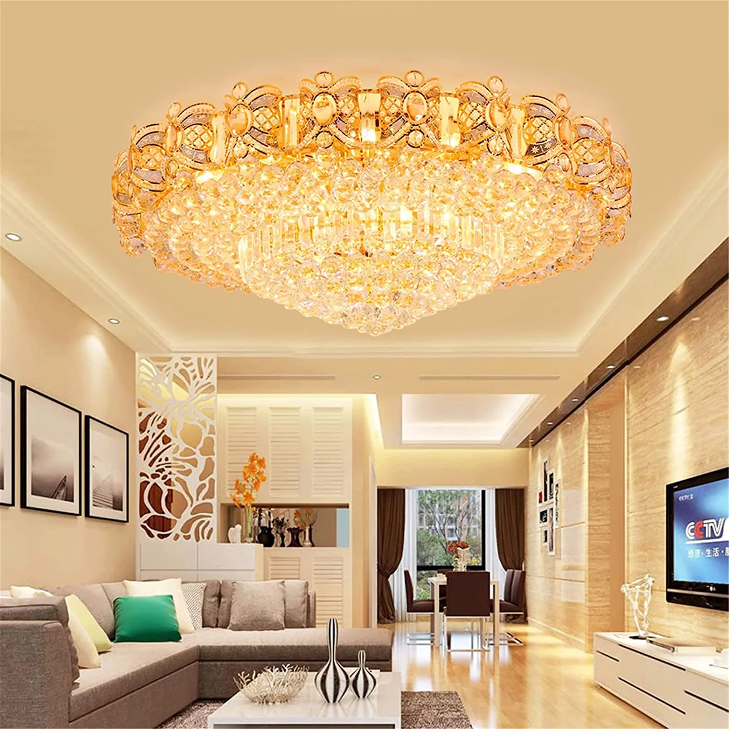 ANQIDI 15.75In 40W Luxury K9 Crystal Chandelier Modern Round LED Ceiling Light for Living Room Kitchen