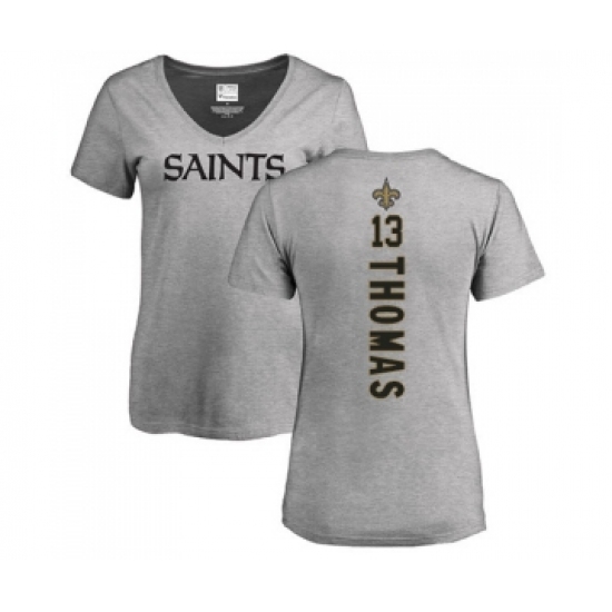 Football Women's New Orleans Saints #13 Michael Thomas Ash Backer V-Neck T-Shirt