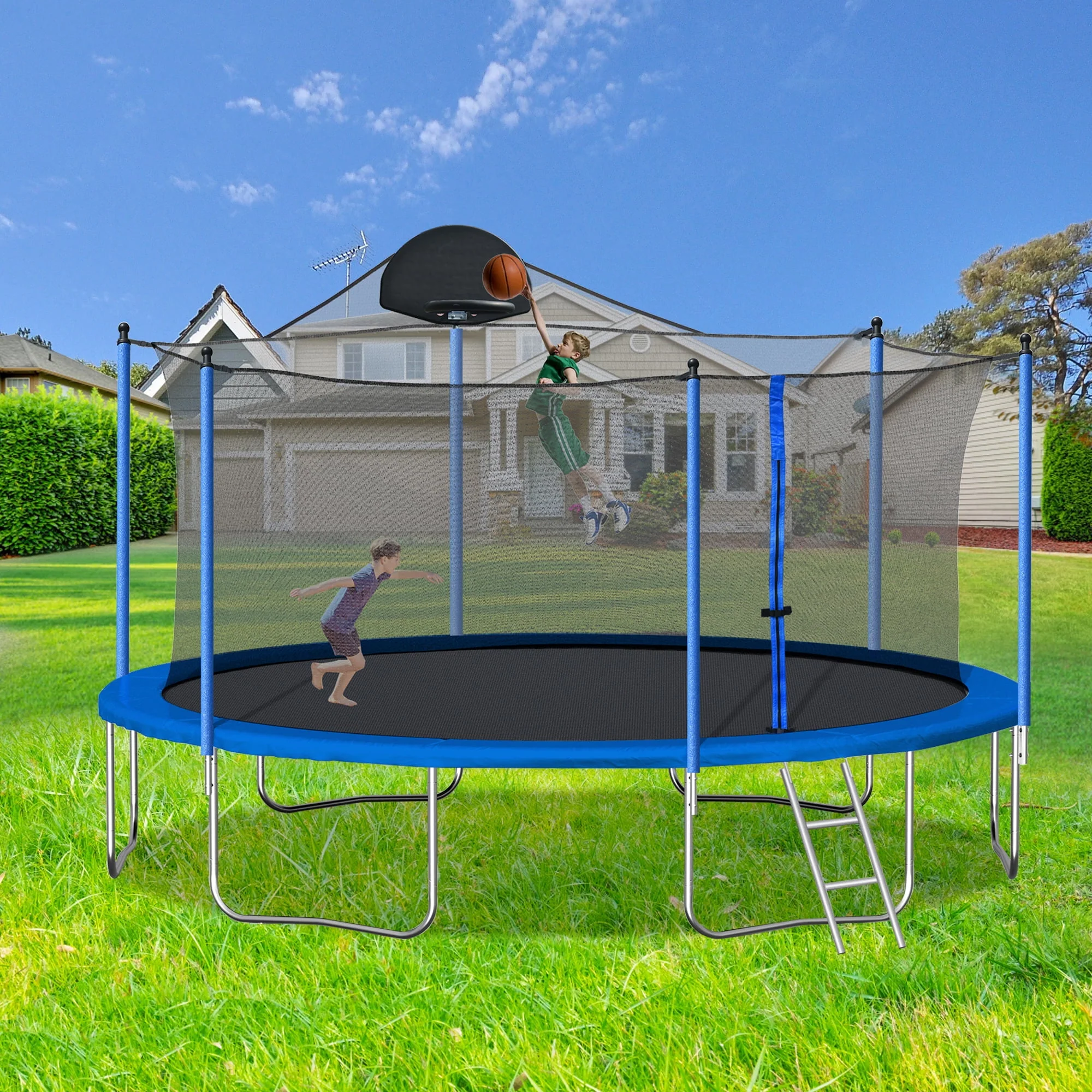 Highsound 14 FT Trampoline for Adults/Kids with Safety Enclosure Net, Basketball Hoop and Ladder, Heavy Duty Outdoor Recreational Trampolines for Family, Easy Assembly