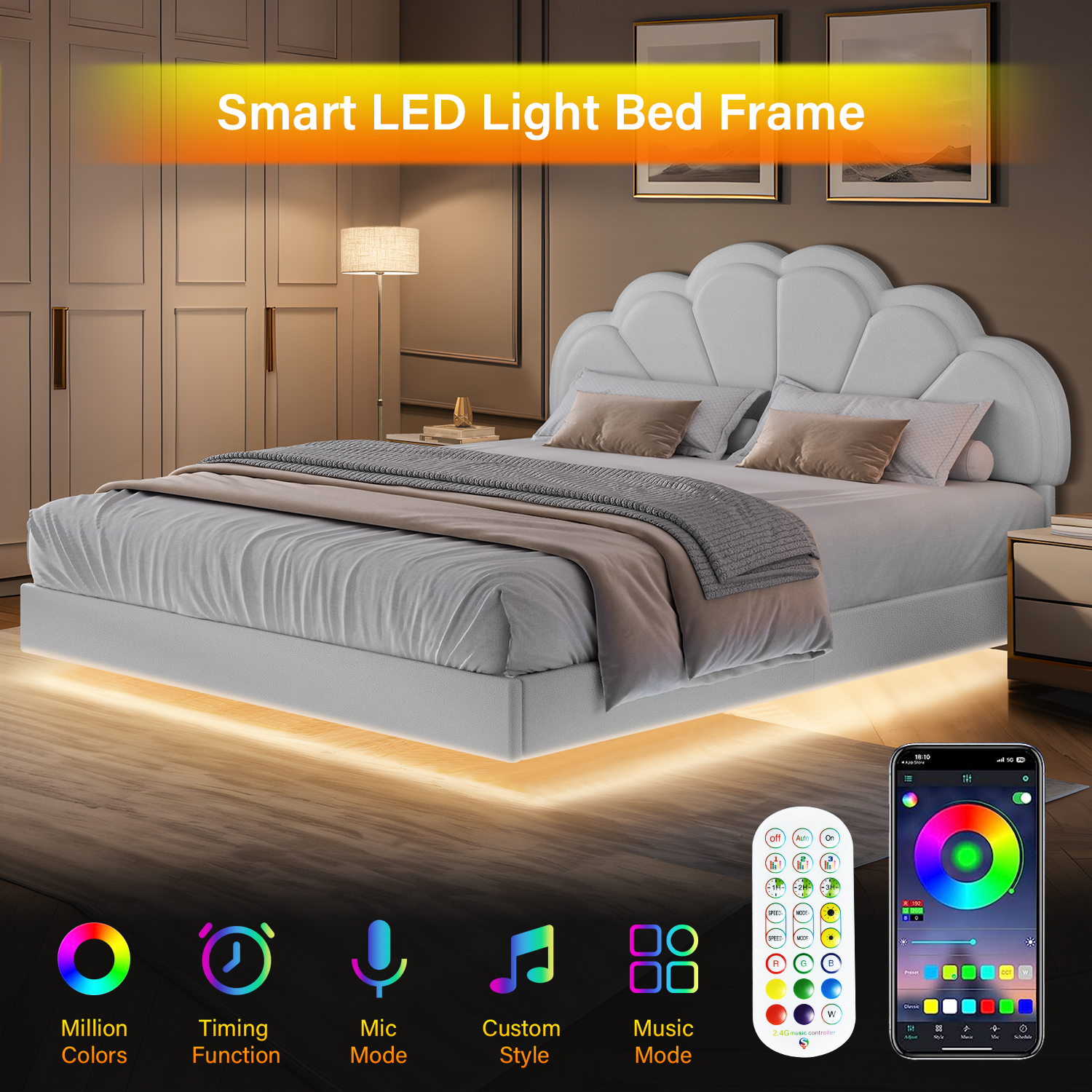 4 EVER WINNER Twin Size Floating Bed with LED Light, White LED Bed Frame with Flower Headboard, Upholstered Platform Bed Frame with Under Storage, White - Curated Treasures Market