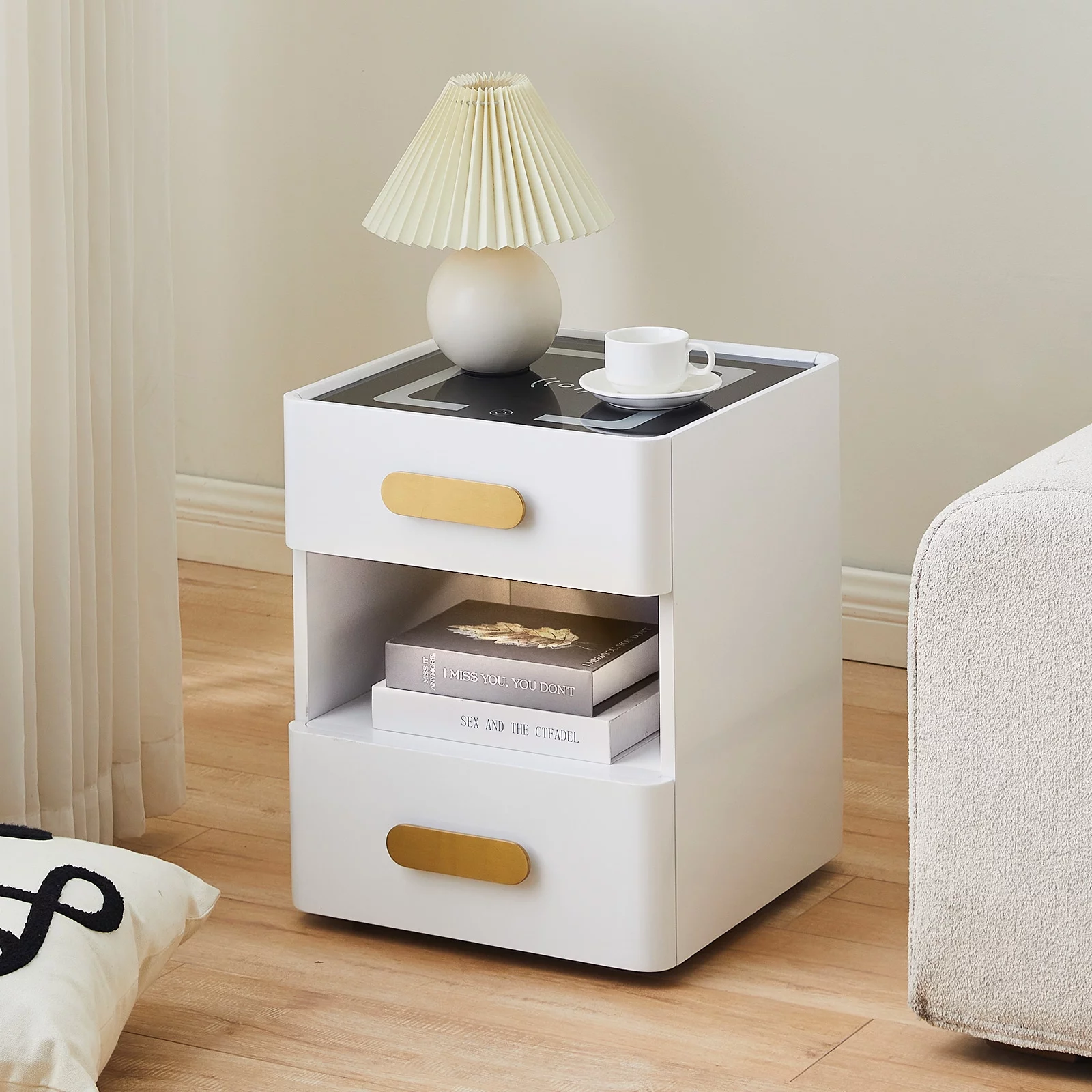 Clipop Set of 2 Nightstand with Wireless Charging Station and LED Light, 2 Drawers, High Gloss End Side Table for Bedroom,White - Curated Treasures Market