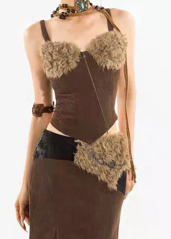 ’Hunter Girl' Fall Y2k Tribe Girl Fur Patchwork  3 Pcs Set