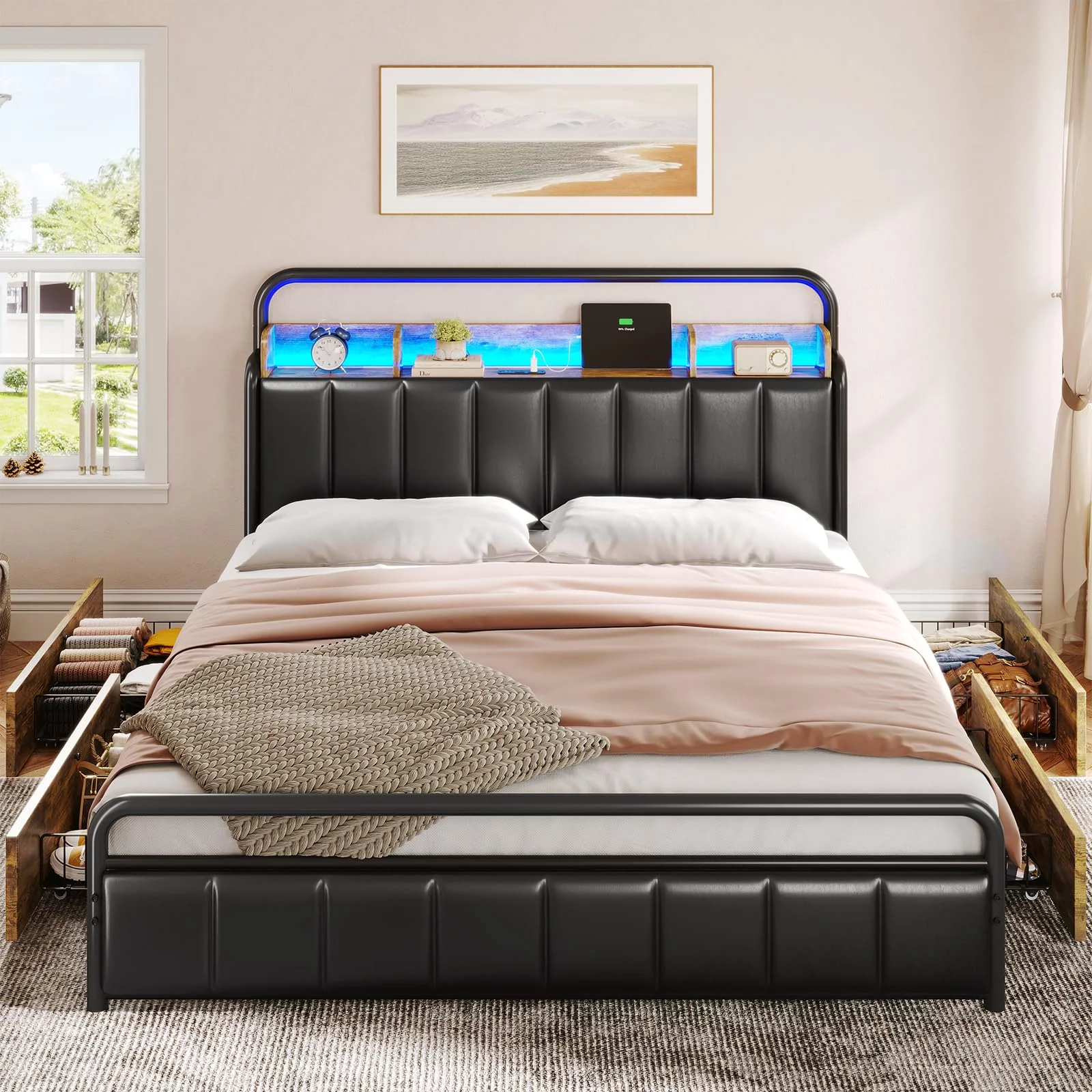 Queen Size Bed Frame with Storage Headboard & Hidden Storage Metal Platform LED Bed Frame with 4 Drawers & Charging Station,Upholstered Headboard,Noise-Free,Black - Curated Treasures Market