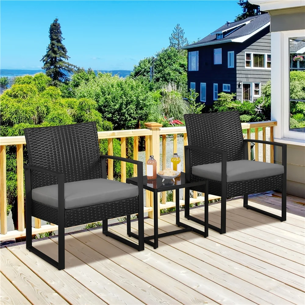 Yaheetech Modern 3-piece Patio Rattan Chairs & Table Set with Cushions, Black/Gray