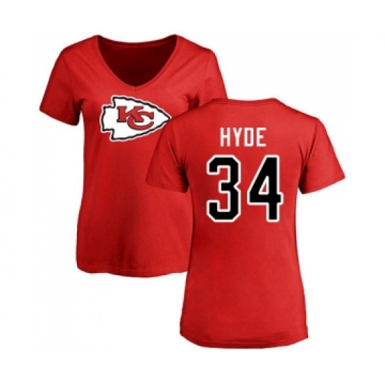 Football Women's Kansas City Chiefs #34 Carlos Hyde Red Name & Number Logo Slim Fit T-Shirt