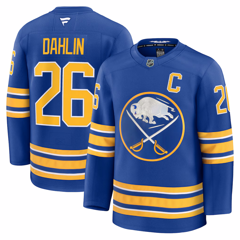 Men's Buffalo Sabres Rasmus Dahlin Fanatics Royal Premium Jersey with Captain's Patch