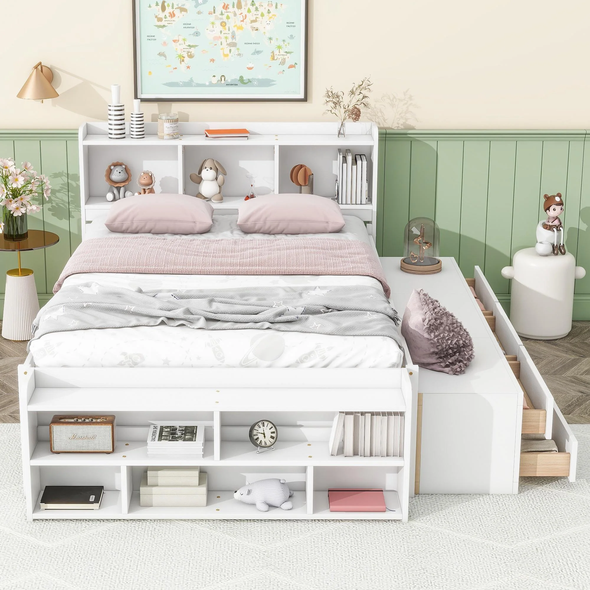 Bellemave Full Storge Bed Frame with Bookcase Headboard, Wood Platform Bed with 6 Drawers and End Storage Case, Full Size Bed Frame for Kids Teens Adults (White) - Curated Treasures Market