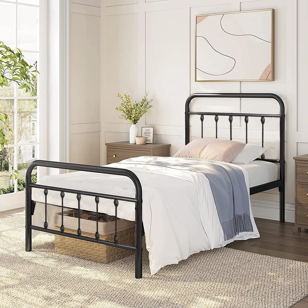 SESSLIFE Twin Size Platform Bed Frame with Headboard, Rustic Country Style, Strong Metal Slats Support, Easy Assembly, Black