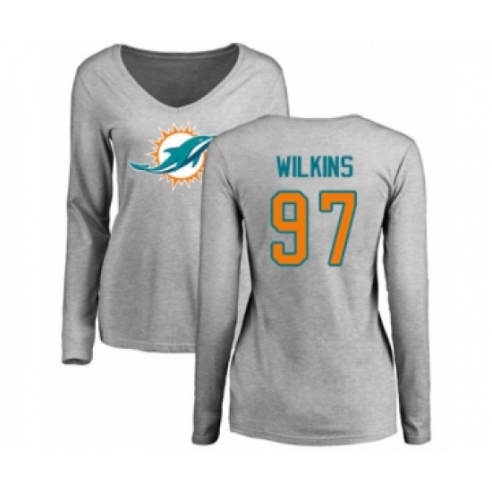 Football Women's Miami Dolphins #97 Christian Wilkins Ash Name & Number Logo Long Sleeve T-Shirt