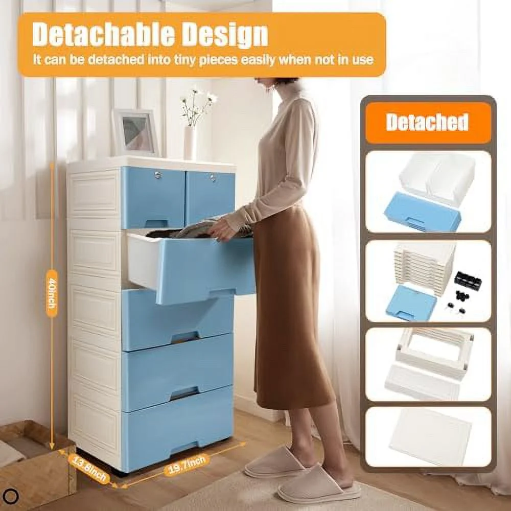 CHNBVC 5 Drawer Plastic Dresser   Cabinet with 4 Wheel   Bedroom  Organizer Plastic Cabinet  High Capacity Drawer  Cabinet  Closet Organizer Unit with Keys (Blue) - Curated Treasures Market