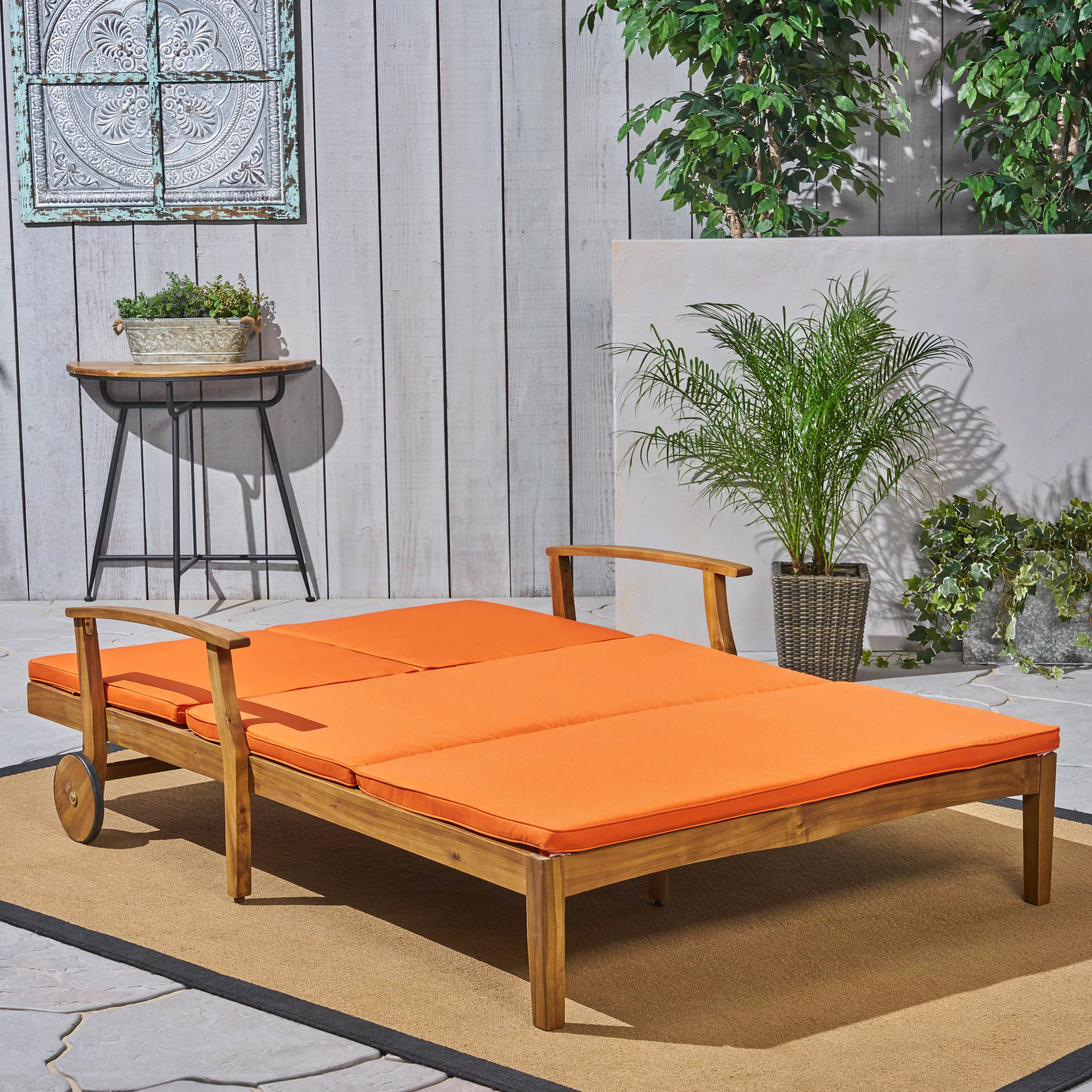 Danielle Outdoor Acacia Wood Double Chaise Lounge with Cushion, Teak, Orange - Curated Treasures Market