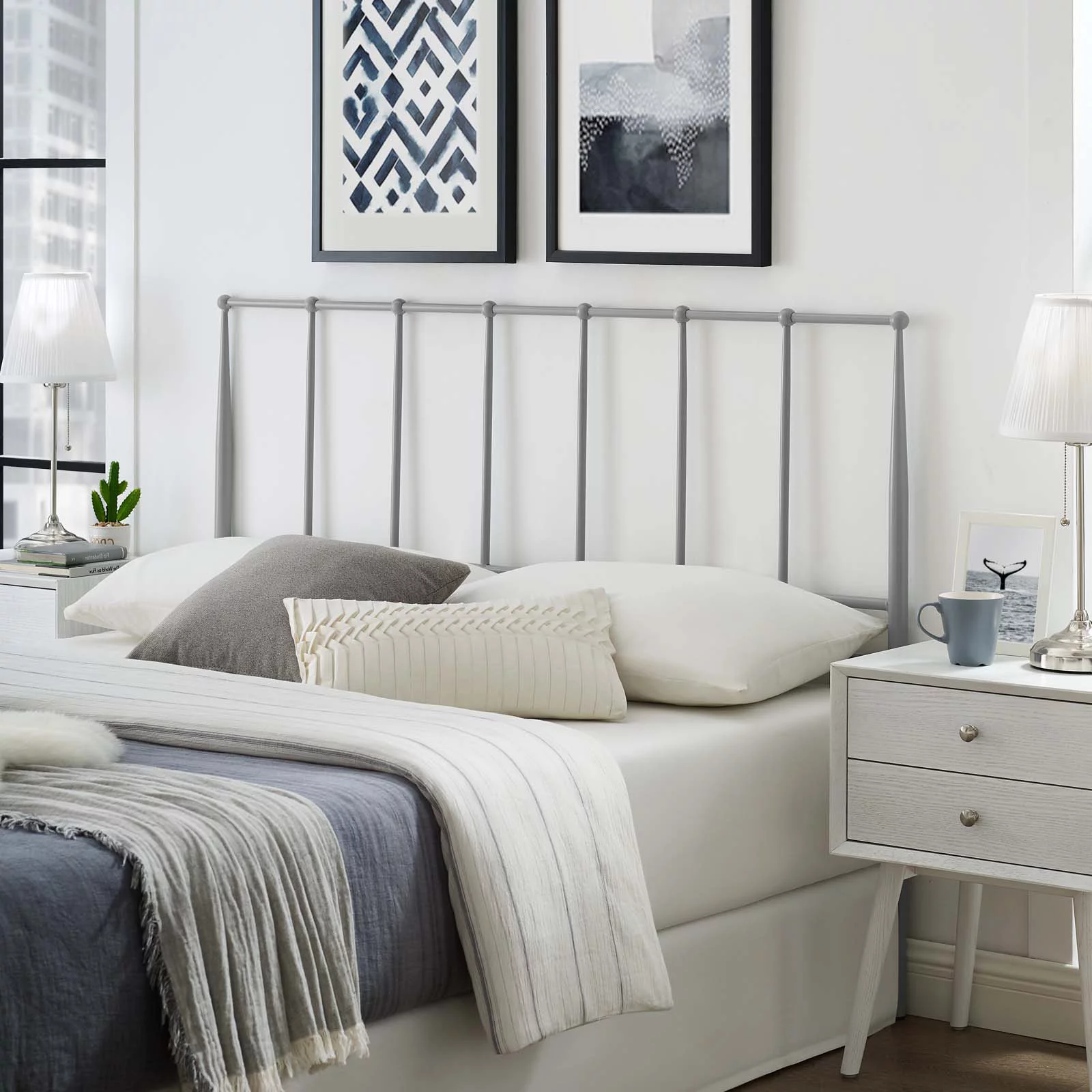 Contemporary Modern Urban Designer Bedroom King Size Headbaord. Stainless Steel Metal. Grey Gray