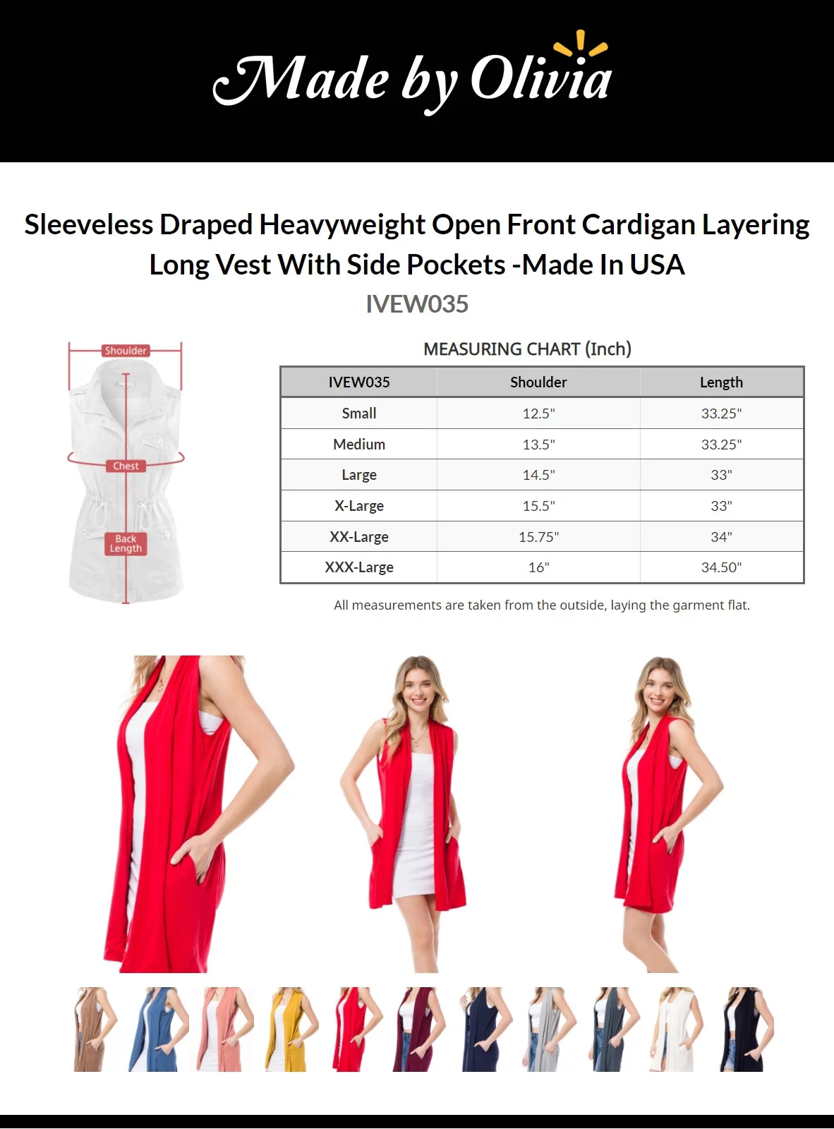 Made by Olivia Women's Sleeveless Draped Heavyweight Open Front Cardigan Layering Long Vest With Side Pockets -Made In USA - Curated Treasures Market